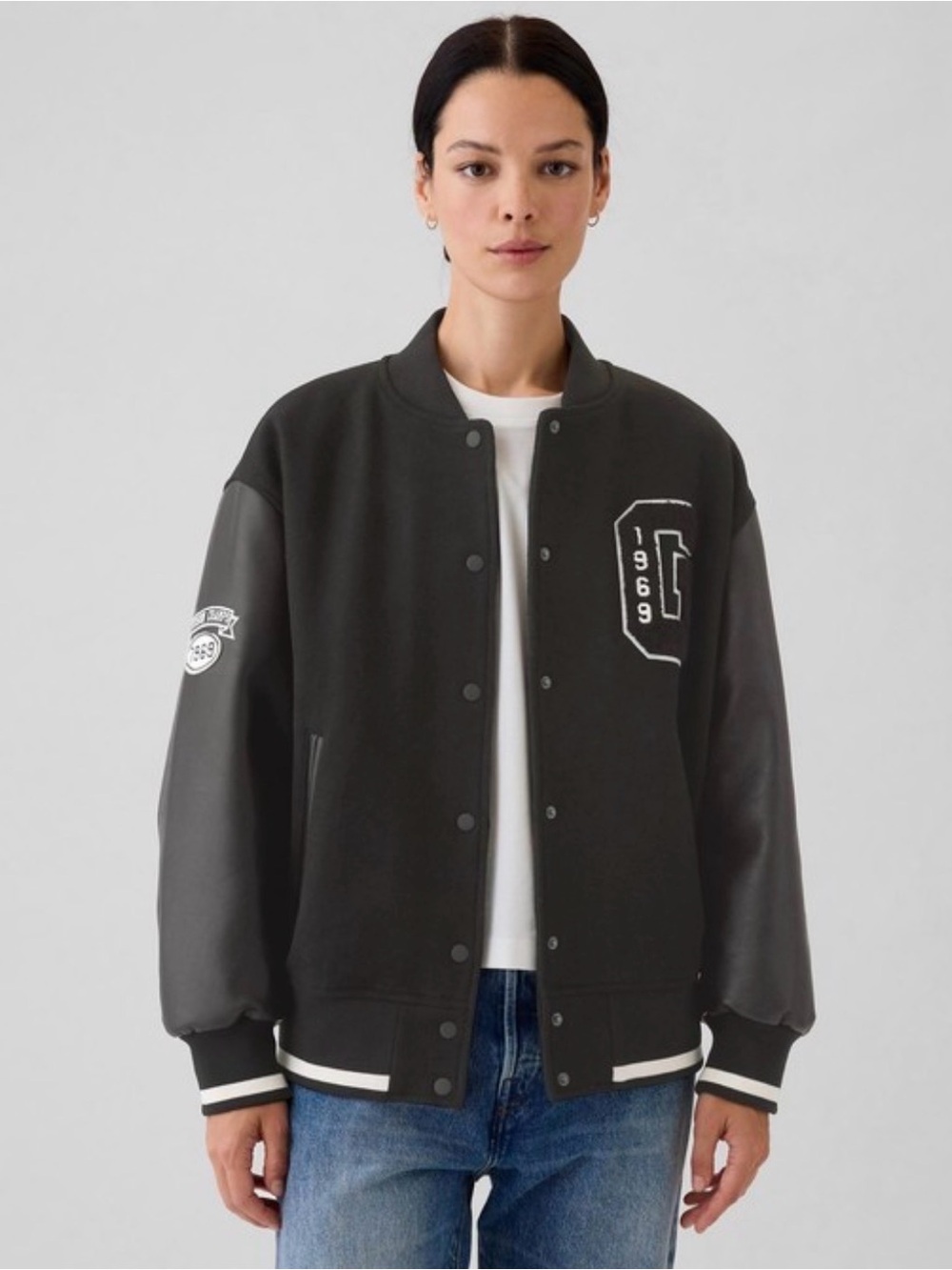Gap women’s small wool varsity logo boyfriend jacket oversized faux leather new